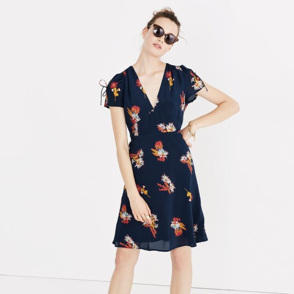 Madewell Cactus Flower Silk Dress 00 XXS Navy